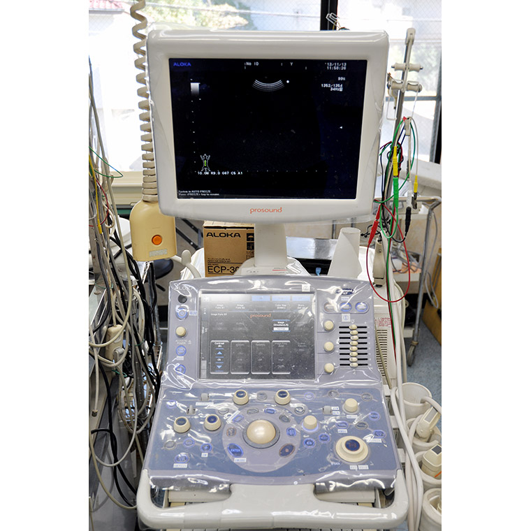 超音波診断装置はカラー画像を映し出すことができ、循環器の血流の様子などを診察できます。